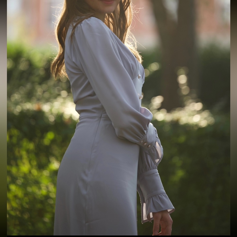 old money, modest, elegant, classy, light blue maxi dress